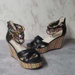 Wedge sandals black with multi color beading